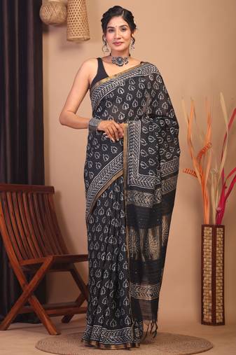 black & white zari work, sequence cotton silk blend bhagalpuri ethnic saree with unstitched blouse
