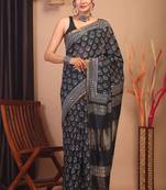 black & white zari work, sequence cotton silk blend bhagalpuri ethnic saree with unstitched blouse
