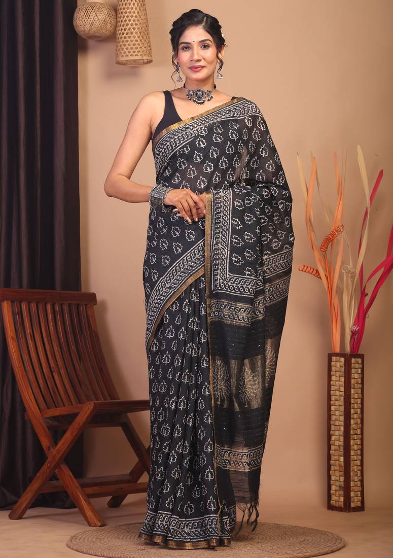 black & white zari work, sequence cotton silk blend bhagalpuri ethnic saree with unstitched blouse