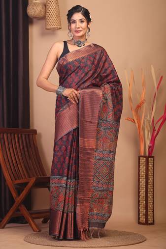 dark purple zari work, dabu embroidery cotton silk blend bhagalpuri ethnic saree with unstitched blouse