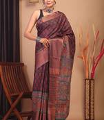 dark purple zari work, dabu embroidery cotton silk blend bhagalpuri ethnic saree with unstitched blouse
