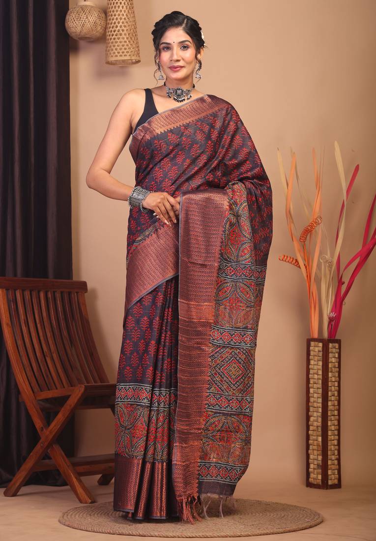 dark purple zari work, dabu embroidery cotton silk blend bhagalpuri ethnic saree with unstitched blouse