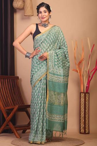 green zari work, sequence cotton silk blend bhagalpuri ethnic saree with unstitched blouse