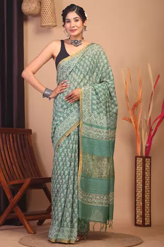 green zari work, sequence cotton silk blend bhagalpuri ethnic saree with unstitched blouse