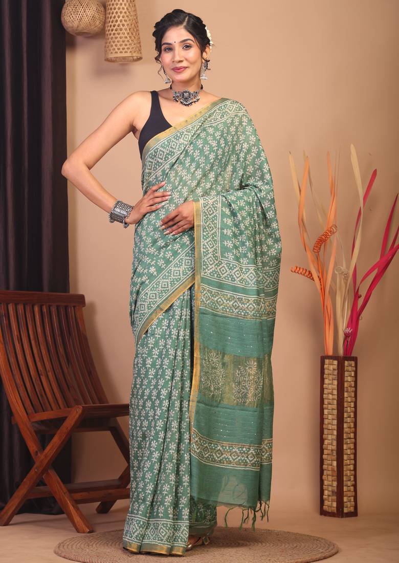 green zari work, sequence cotton silk blend bhagalpuri ethnic saree with unstitched blouse