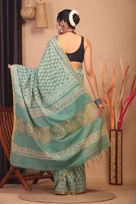 green zari work, sequence cotton silk blend bhagalpuri ethnic saree with unstitched blouse 2