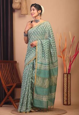 green zari work, sequence cotton silk blend bhagalpuri ethnic saree with unstitched blouse 3