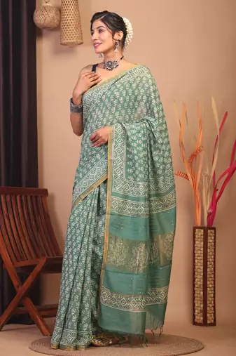 green zari work, sequence cotton silk blend bhagalpuri ethnic saree with unstitched blouse