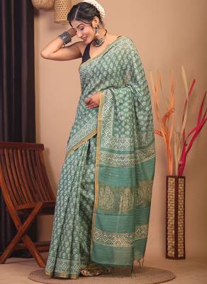 green zari work, sequence cotton silk blend bhagalpuri ethnic saree with unstitched blouse 4
