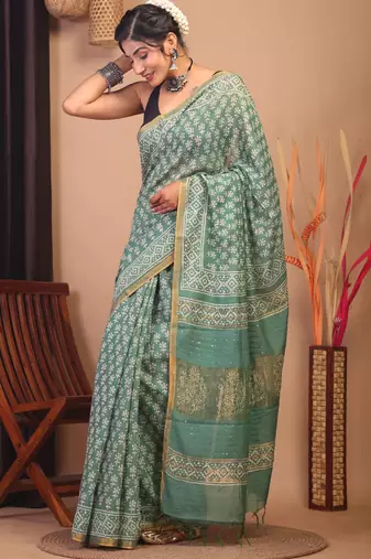 green zari work, sequence cotton silk blend bhagalpuri ethnic saree with unstitched blouse