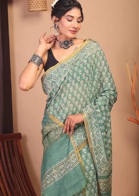 green zari work, sequence cotton silk blend bhagalpuri ethnic saree with unstitched blouse 5