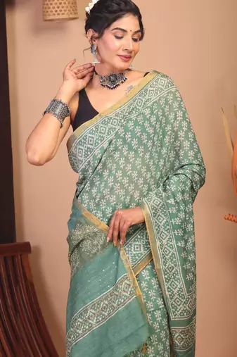 green zari work, sequence cotton silk blend bhagalpuri ethnic saree with unstitched blouse
