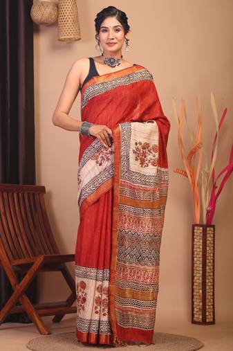 red & beige zari work cotton silk blend bhagalpuri ethnic saree with unstitched blouse