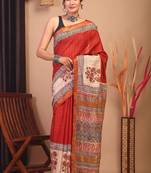 red & beige zari work cotton silk blend bhagalpuri ethnic saree with unstitched blouse