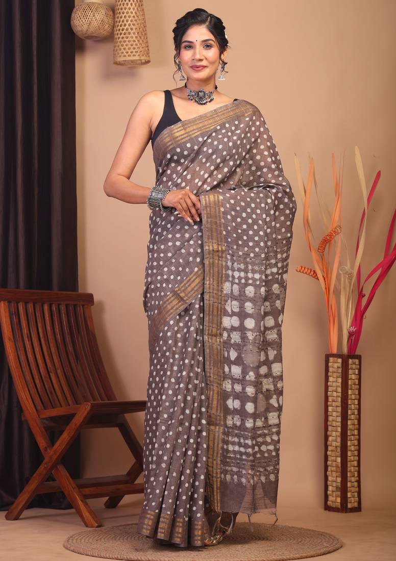 brown zari work cotton silk blend bhagalpuri ethnic saree with unstitched blouse