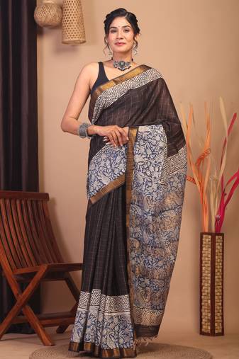 black & blue zari work cotton silk blend bhagalpuri ethnic saree with unstitched blouse