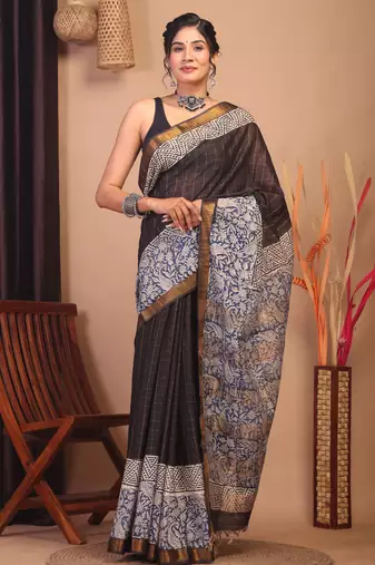 black & blue zari work cotton silk blend bhagalpuri ethnic saree with unstitched blouse