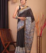 black & blue zari work cotton silk blend bhagalpuri ethnic saree with unstitched blouse