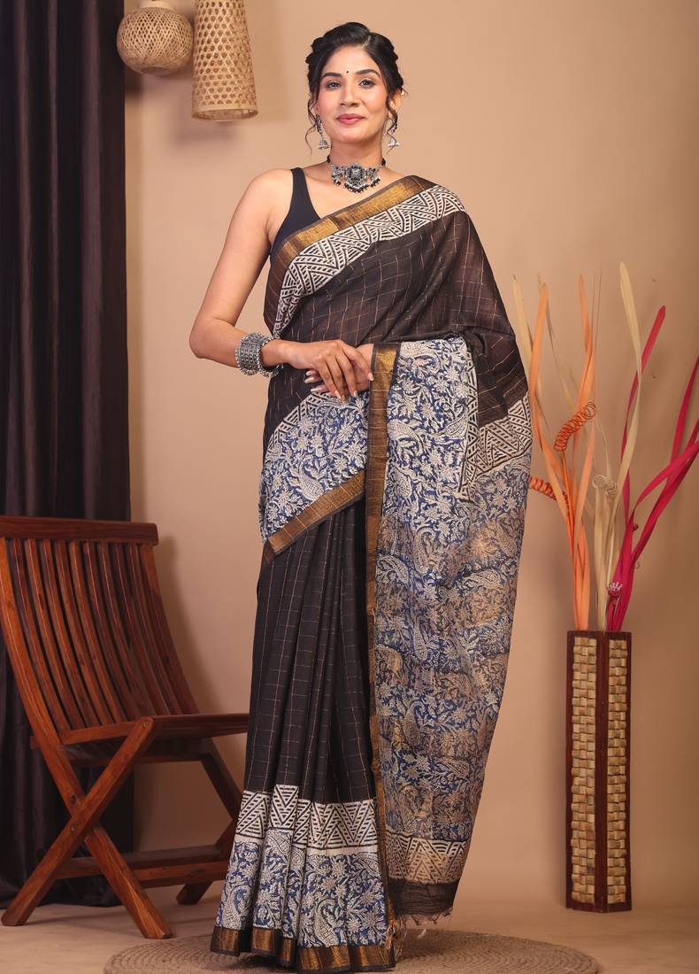 black & blue zari work cotton silk blend bhagalpuri ethnic saree with unstitched blouse