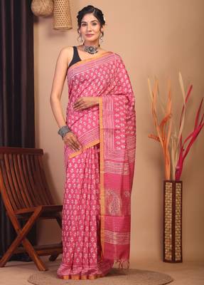 rouge pink zari work, sequence cotton silk blend bhagalpuri ethnic saree with unstitched blouse 1