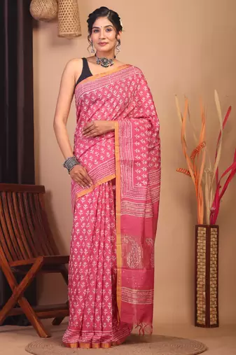 rouge pink zari work, sequence cotton silk blend bhagalpuri ethnic saree with unstitched blouse