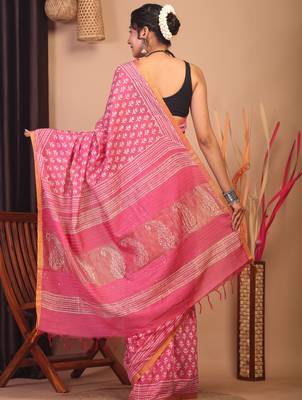 rouge pink zari work, sequence cotton silk blend bhagalpuri ethnic saree with unstitched blouse 2