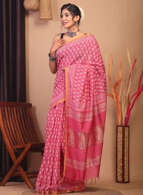rouge pink zari work, sequence cotton silk blend bhagalpuri ethnic saree with unstitched blouse 3