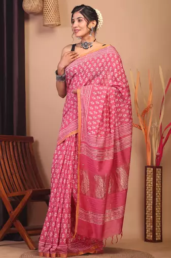 rouge pink zari work, sequence cotton silk blend bhagalpuri ethnic saree with unstitched blouse