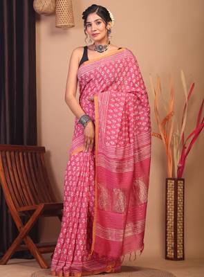 rouge pink zari work, sequence cotton silk blend bhagalpuri ethnic saree with unstitched blouse 4