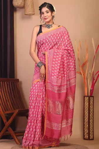 rouge pink zari work, sequence cotton silk blend bhagalpuri ethnic saree with unstitched blouse