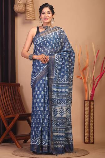 indigo blue zari work cotton silk blend bhagalpuri ethnic saree with unstitched blouse