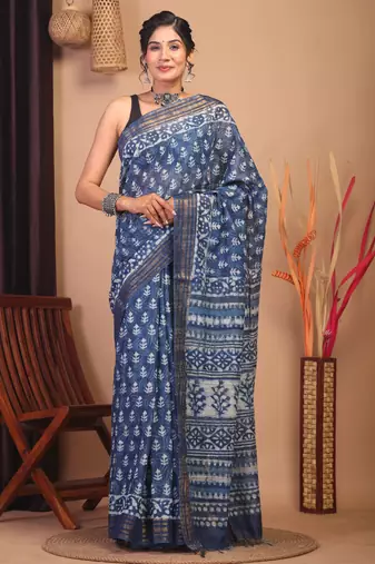 indigo blue zari work cotton silk blend bhagalpuri ethnic saree with unstitched blouse
