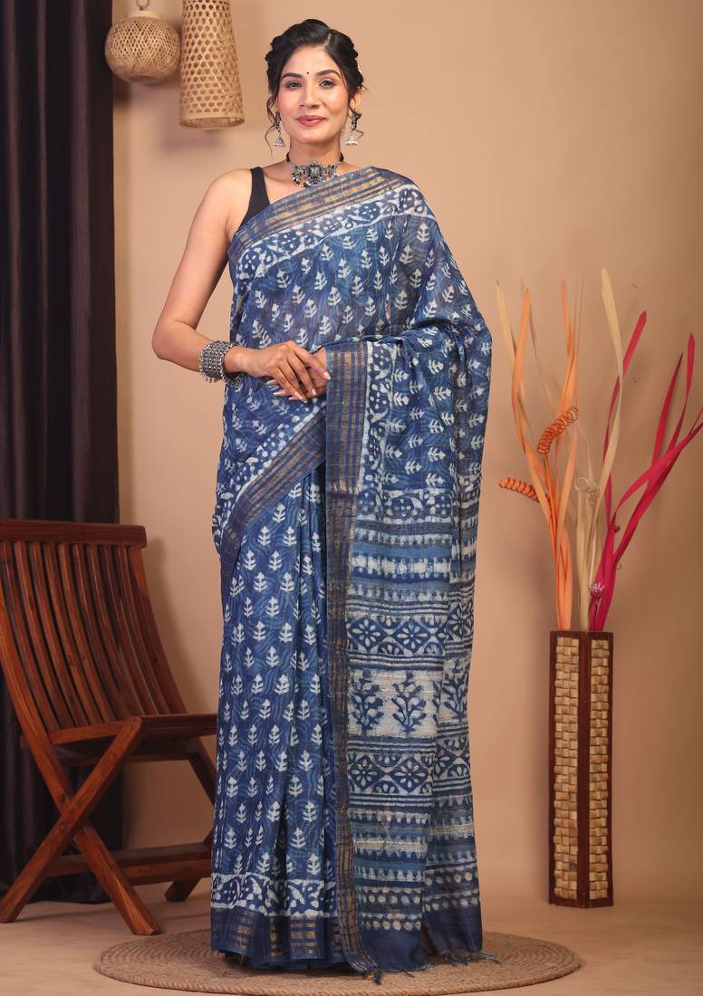 indigo blue zari work cotton silk blend bhagalpuri ethnic saree with unstitched blouse