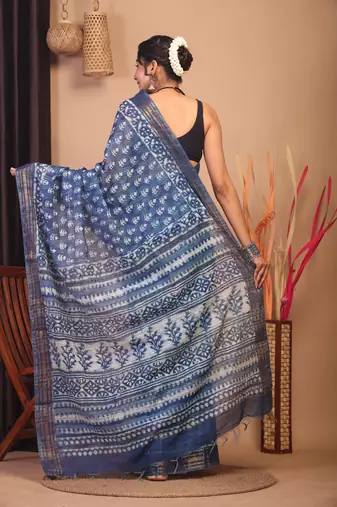 indigo blue zari work cotton silk blend bhagalpuri ethnic saree with unstitched blouse
