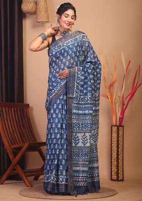 indigo blue zari work cotton silk blend bhagalpuri ethnic saree with unstitched blouse 3
