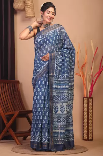 indigo blue zari work cotton silk blend bhagalpuri ethnic saree with unstitched blouse