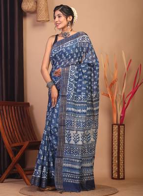 indigo blue zari work cotton silk blend bhagalpuri ethnic saree with unstitched blouse 4