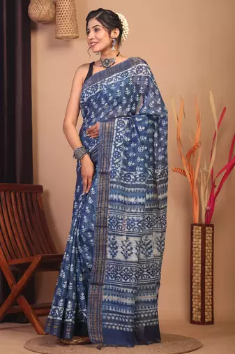 indigo blue zari work cotton silk blend bhagalpuri ethnic saree with unstitched blouse