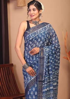 indigo blue zari work cotton silk blend bhagalpuri ethnic saree with unstitched blouse 5