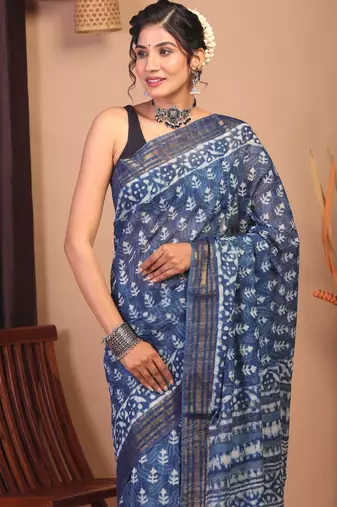 indigo blue zari work cotton silk blend bhagalpuri ethnic saree with unstitched blouse