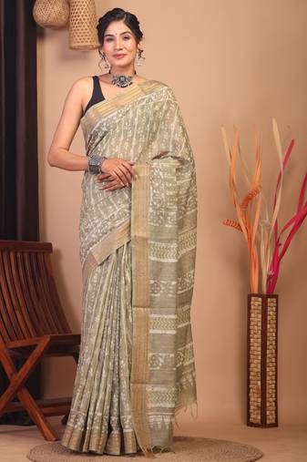 olive green zari work cotton silk blend bhagalpuri ethnic saree with unstitched blouse