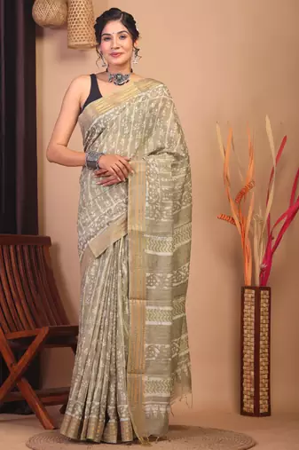 olive green zari work cotton silk blend bhagalpuri ethnic saree with unstitched blouse