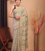 olive green zari work cotton silk blend bhagalpuri ethnic saree with unstitched blouse