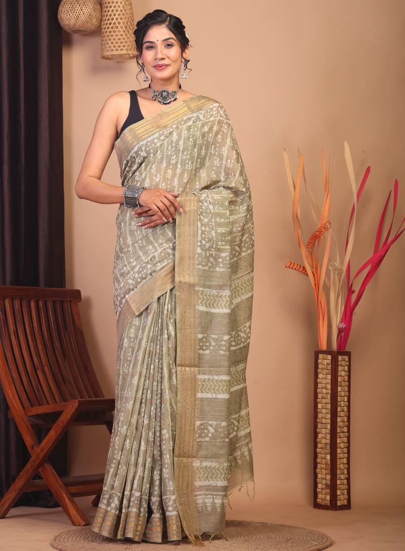 olive green zari work cotton silk blend bhagalpuri ethnic saree with unstitched blouse