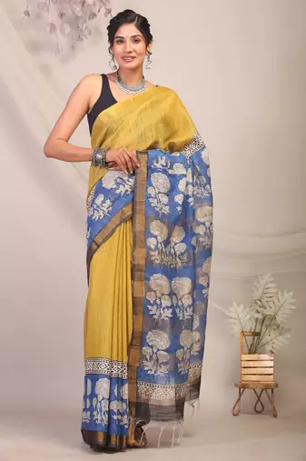 olive green & blue zari work cotton silk blend bhagalpuri ethnic saree with unstitched blouse