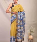 olive green & blue zari work cotton silk blend bhagalpuri ethnic saree with unstitched blouse