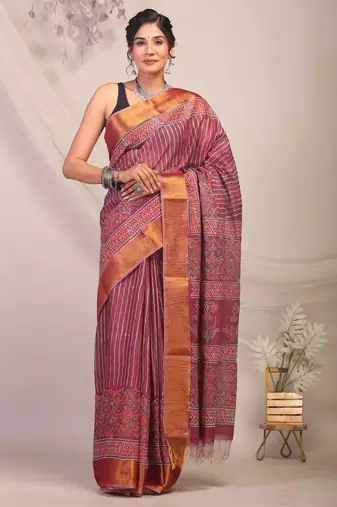 mehroon zari work cotton silk blend bhagalpuri ethnic saree with unstitched blouse