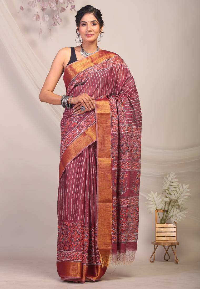 mehroon zari work cotton silk blend bhagalpuri ethnic saree with unstitched blouse