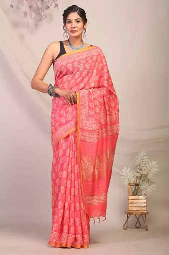 pink zari work, sequence cotton silk blend bhagalpuri ethnic saree with unstitched blouse