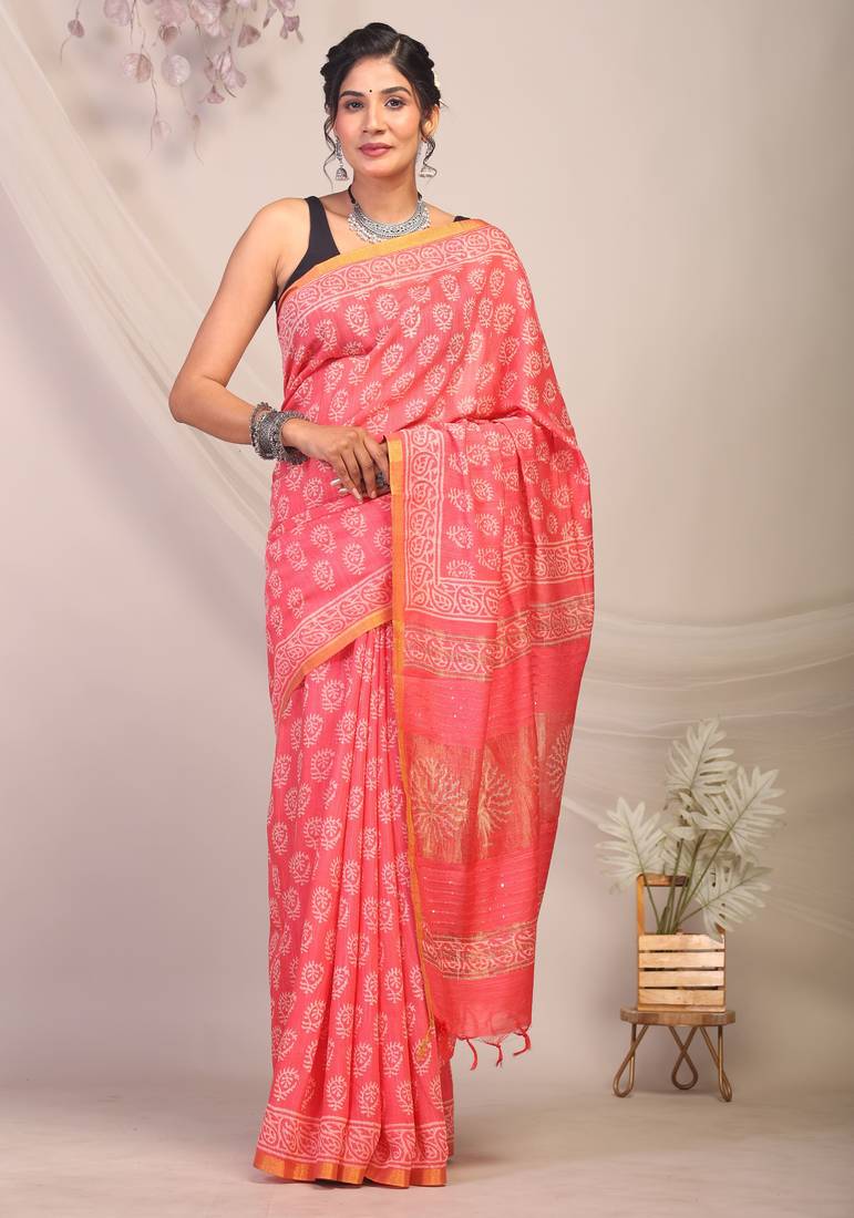 pink zari work, sequence cotton silk blend bhagalpuri ethnic saree with unstitched blouse